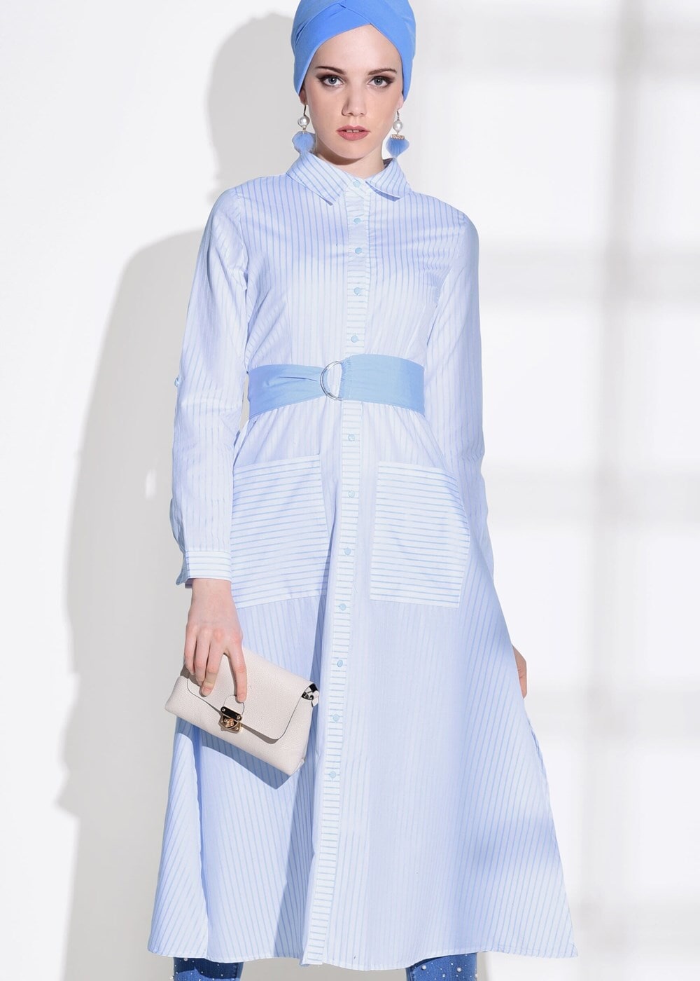 Hijab clothing BLUE STRIPED BELTED LONG TUNIC 55012