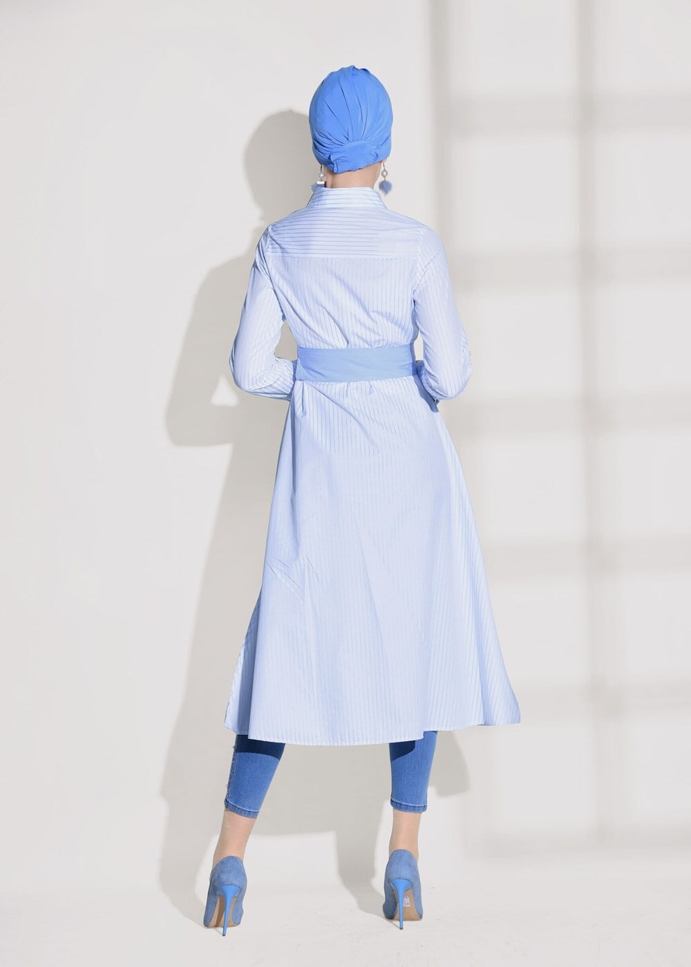 Hijab clothing BLUE STRIPED BELTED LONG TUNIC 55012