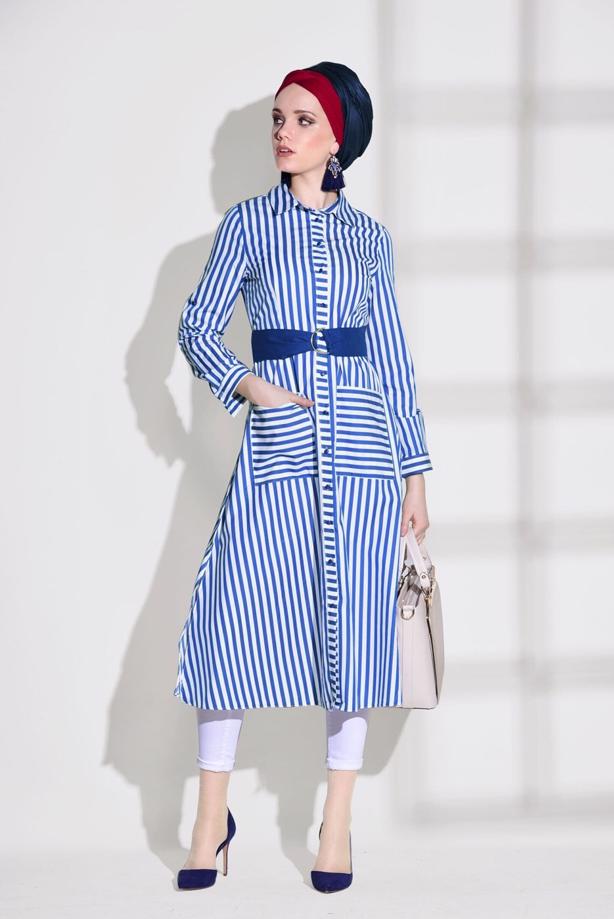 Hijab clothing  STRIPED BELTED LONG TUNIC 55012 - TRENDTESETTÜR