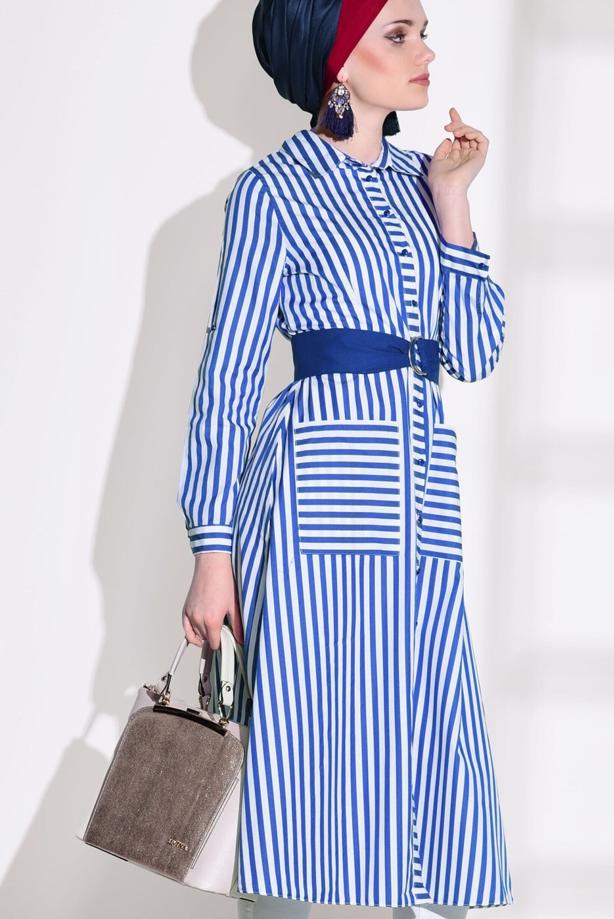 Hijab clothing  STRIPED BELTED LONG TUNIC 55012 - TRENDTESETTÜR