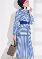 Hijab clothing NAVY BLUE STRIPED BELTED LONG TUNIC 55012