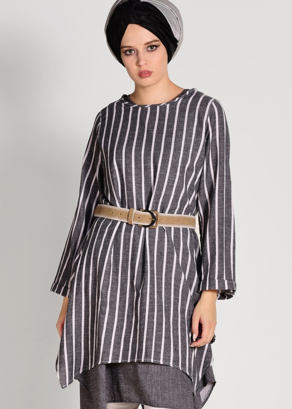 Hijab clothing BLACK  ASYMMETRIC CUT STRIPE TUNIC ALLDAY T 56108 