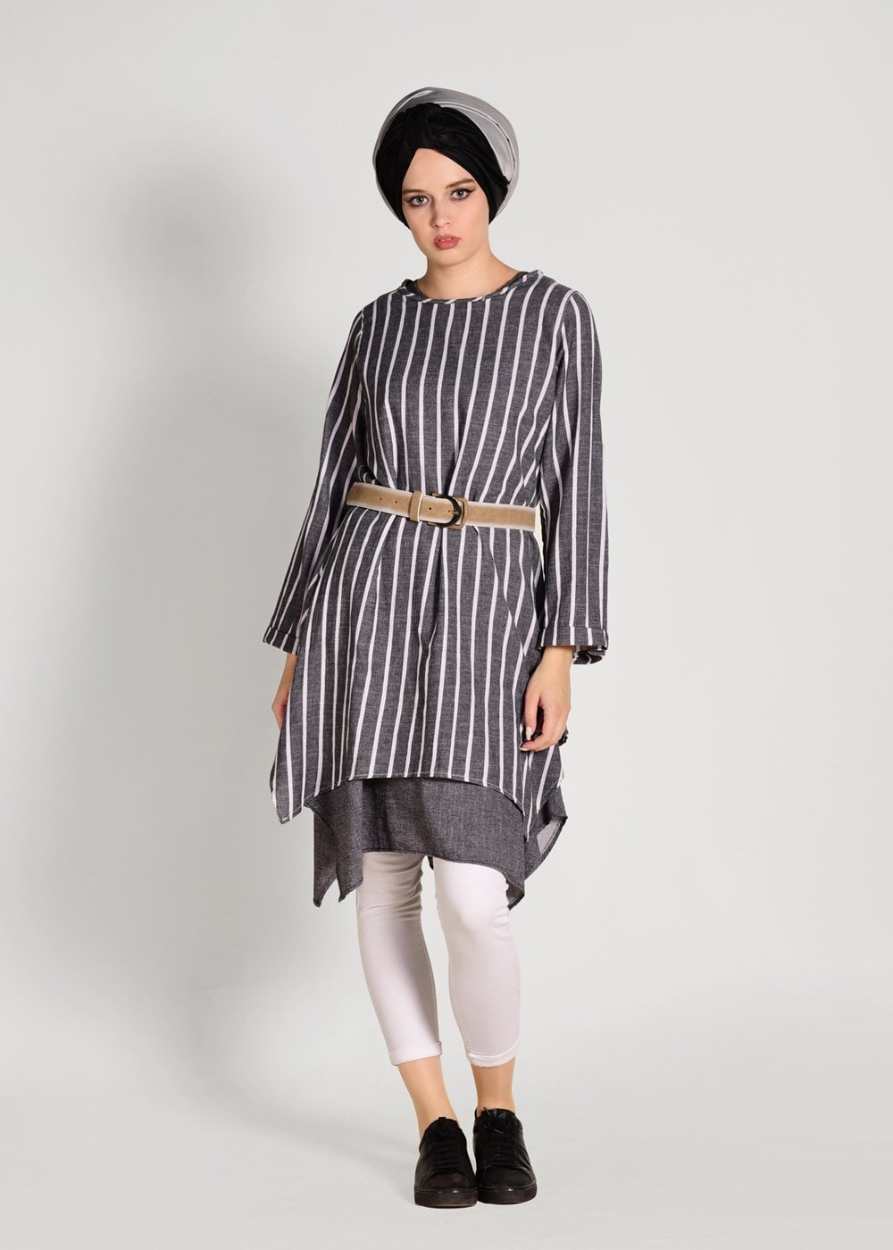 Hijab clothing BLACK  ASYMMETRIC CUT STRIPE TUNIC ALLDAY T 56108 