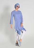 Tesettür giyim MAVİ ASİMETRİK KESİM ÇİZGİLİ 2&prime;Lİ TUNİK 56108 