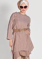 Tesettür giyim TURUNCU ASİMETRİK KESİM ÇİZGİLİ 2&prime;Lİ TUNİK 56108 