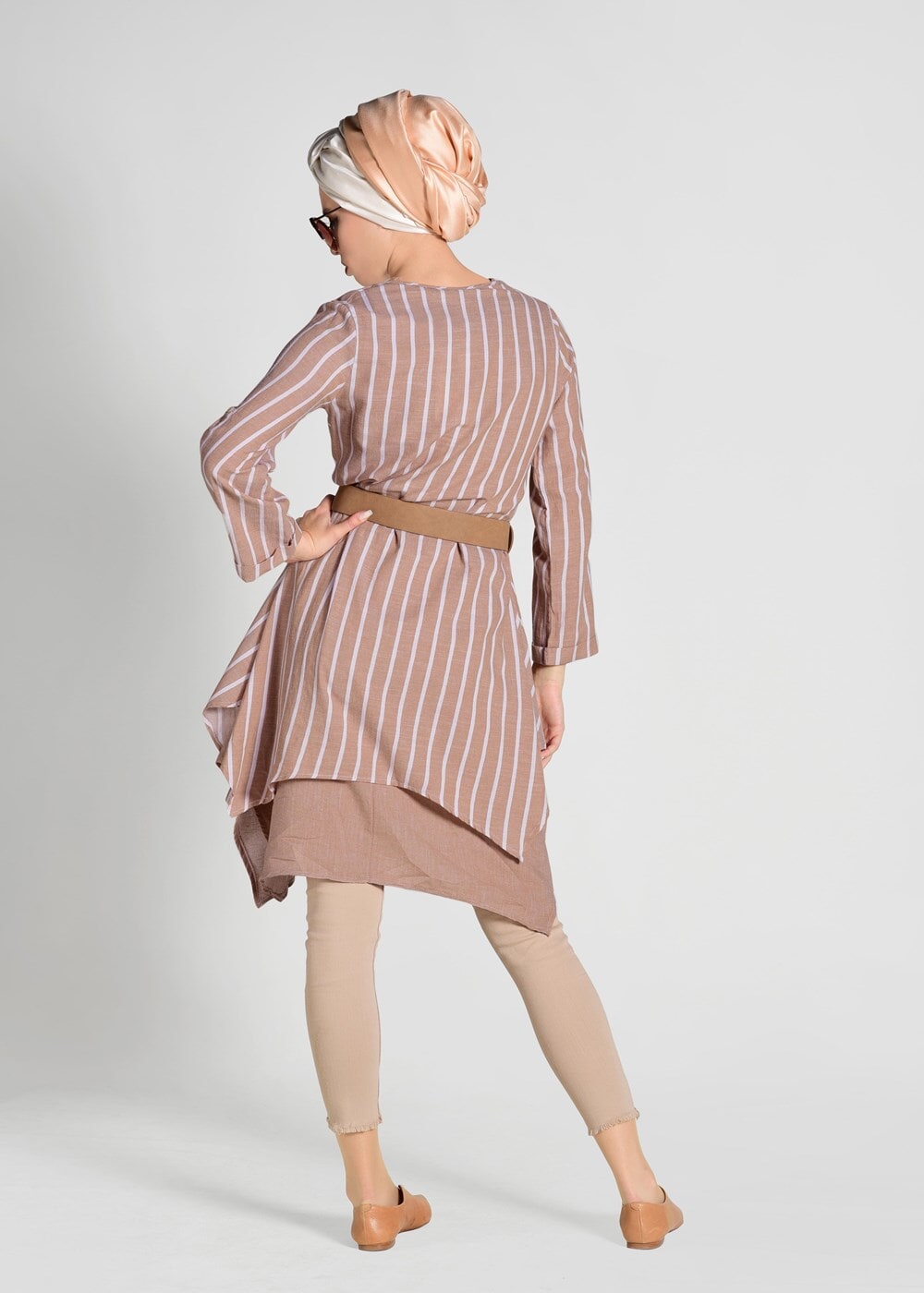 Tesettür giyim TURUNCU ASİMETRİK KESİM ÇİZGİLİ 2&prime;Lİ TUNİK 56108 