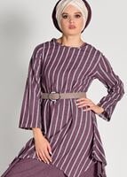 Tesettür giyim BORDO ASİMETRİK KESİM ÇİZGİLİ 2&prime;Lİ TUNİK 56108 