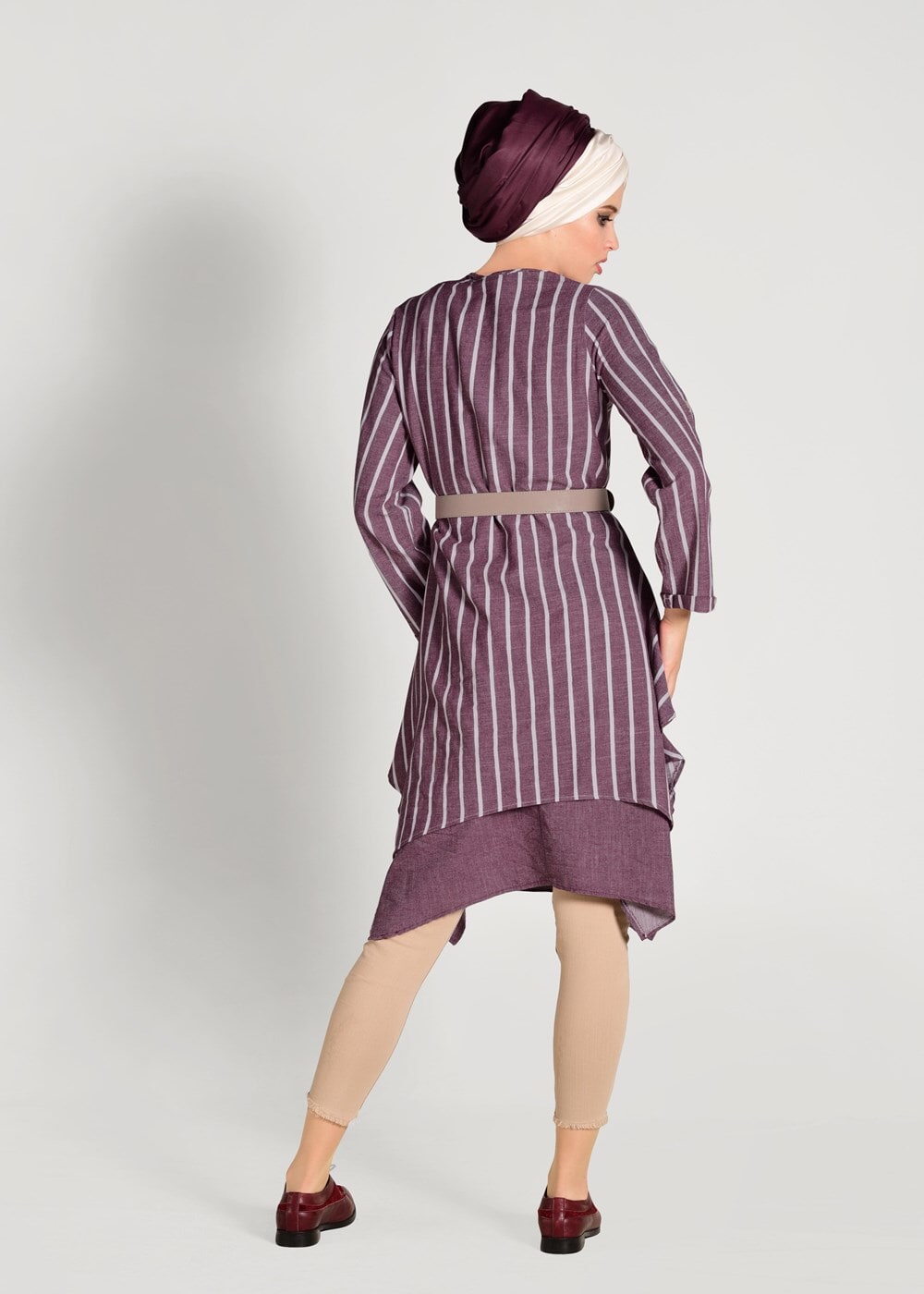 Tesettür giyim BORDO ASİMETRİK KESİM ÇİZGİLİ 2&prime;Lİ TUNİK 56108 