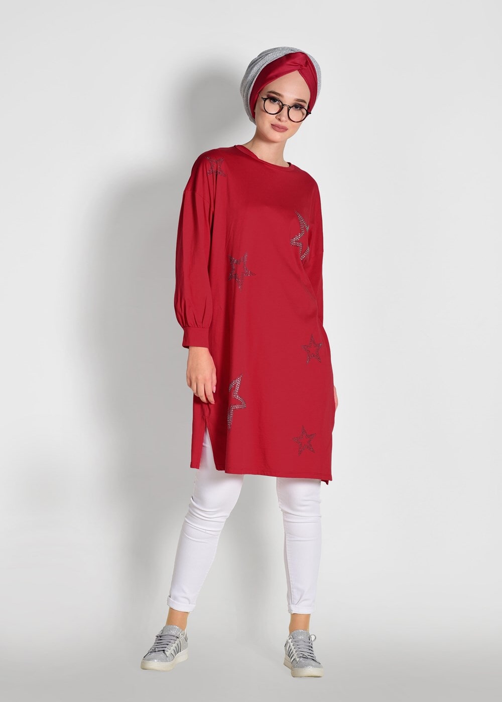 Tesettür giyim KIRMIZI YANLARI YIRTMAÇLI TUNİK 56771 