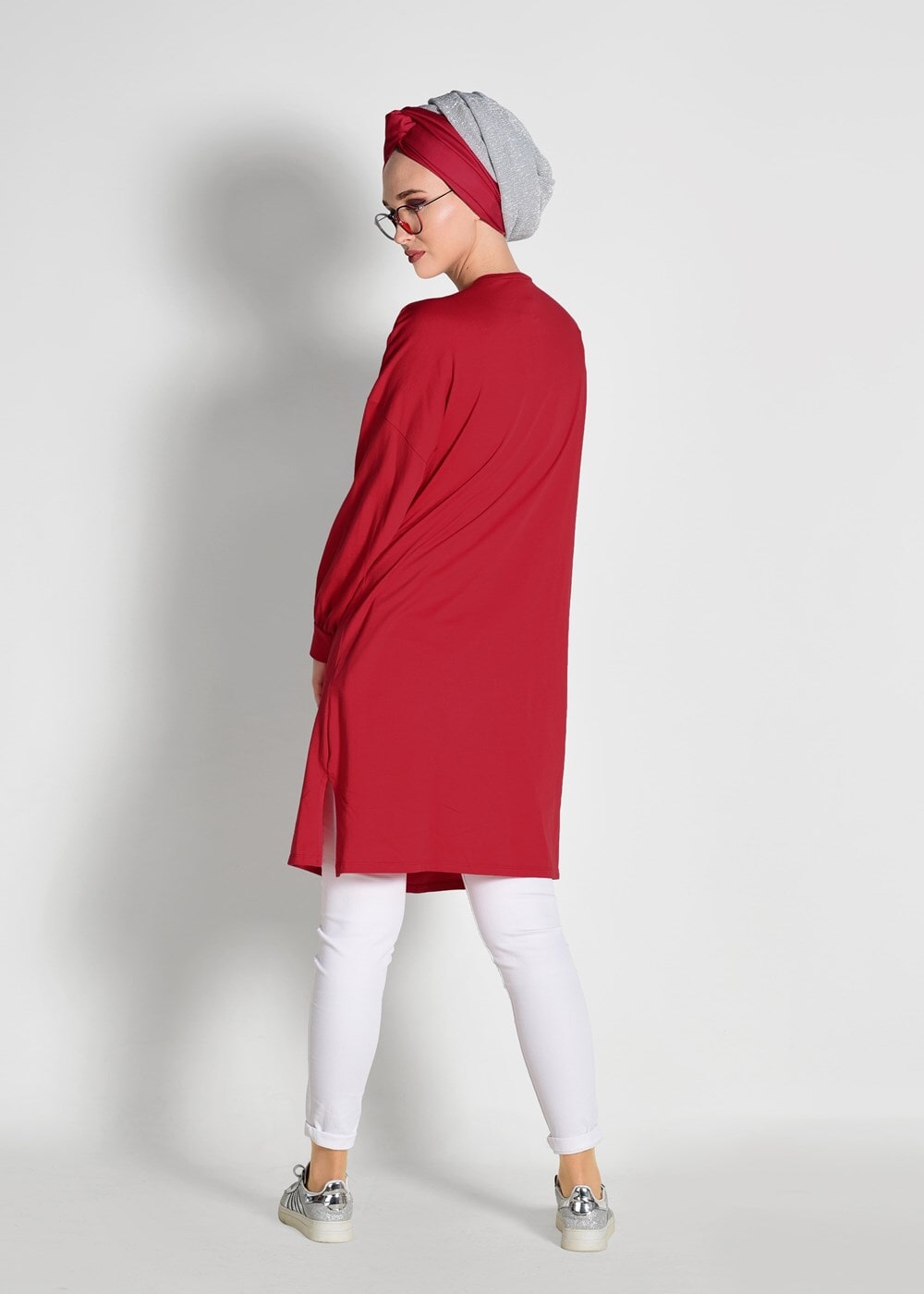 Tesettür giyim KIRMIZI YANLARI YIRTMAÇLI TUNİK 56771 