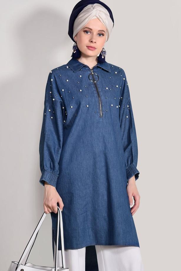 Hijab clothing  ZIPPER DETAILED DENIM TUNIC WITH PEARL 60016 - TRENDTESETTÜR