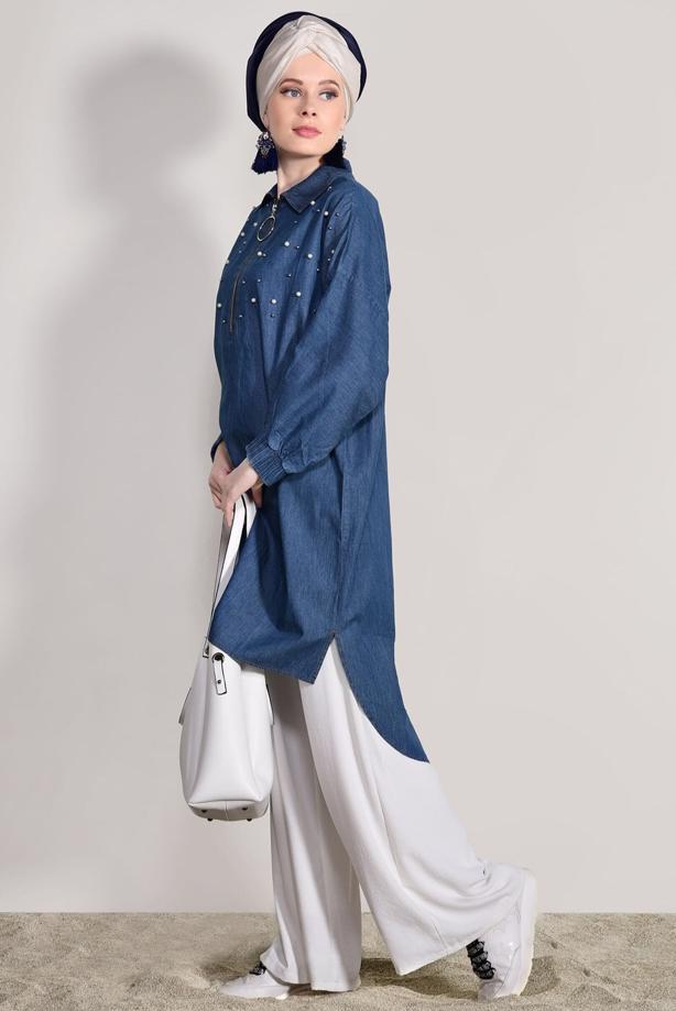 Hijab clothing  ZIPPER DETAILED DENIM TUNIC WITH PEARL 60016 - TRENDTESETTÜR