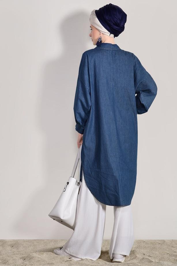 Hijab clothing  ZIPPER DETAILED DENIM TUNIC WITH PEARL 60016 - TRENDTESETTÜR