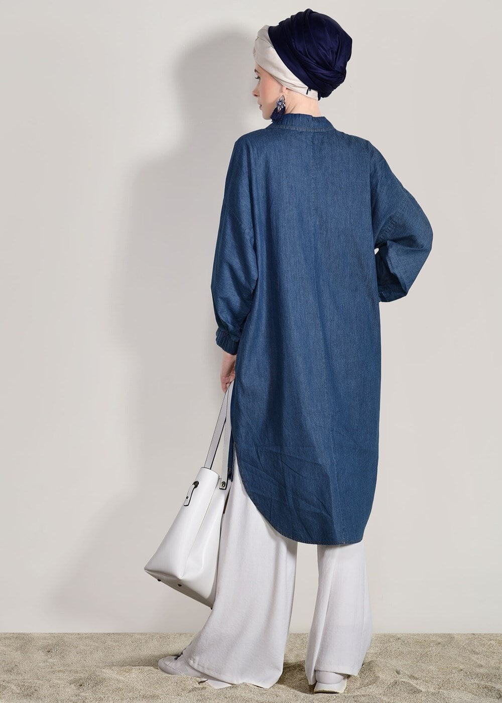 Hijab clothing NAVY BLUE ZIPPER DETAILED DENIM TUNIC WITH PEARL 60016