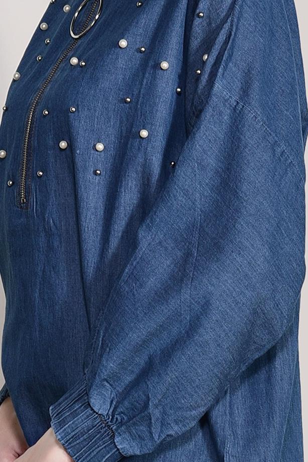 Hijab clothing  ZIPPER DETAILED DENIM TUNIC WITH PEARL 60016 - TRENDTESETTÜR