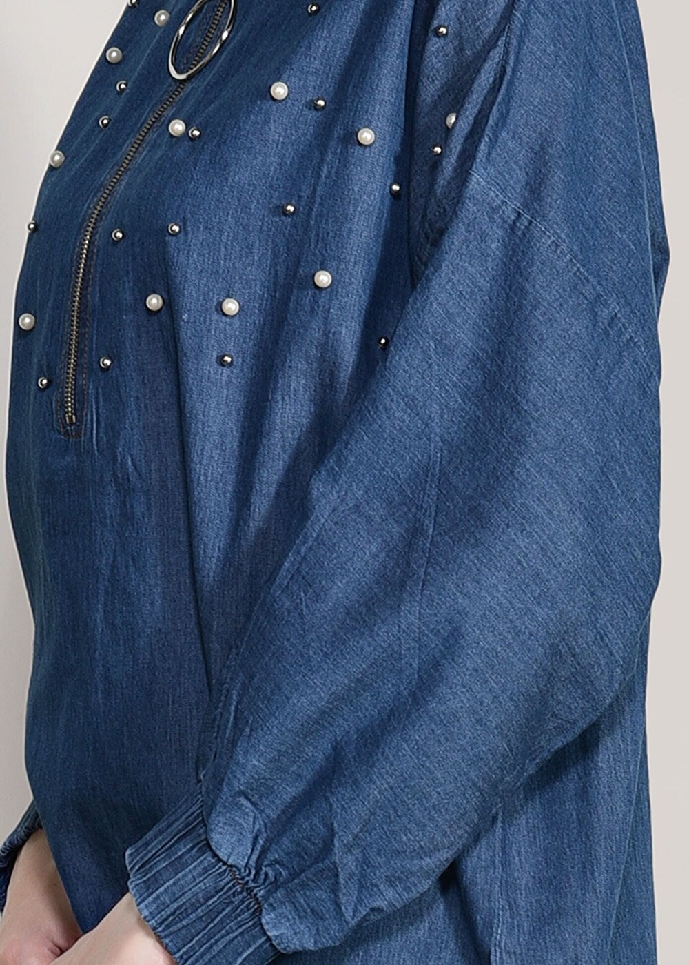 Hijab clothing NAVY BLUE ZIPPER DETAILED DENIM TUNIC WITH PEARL 60016