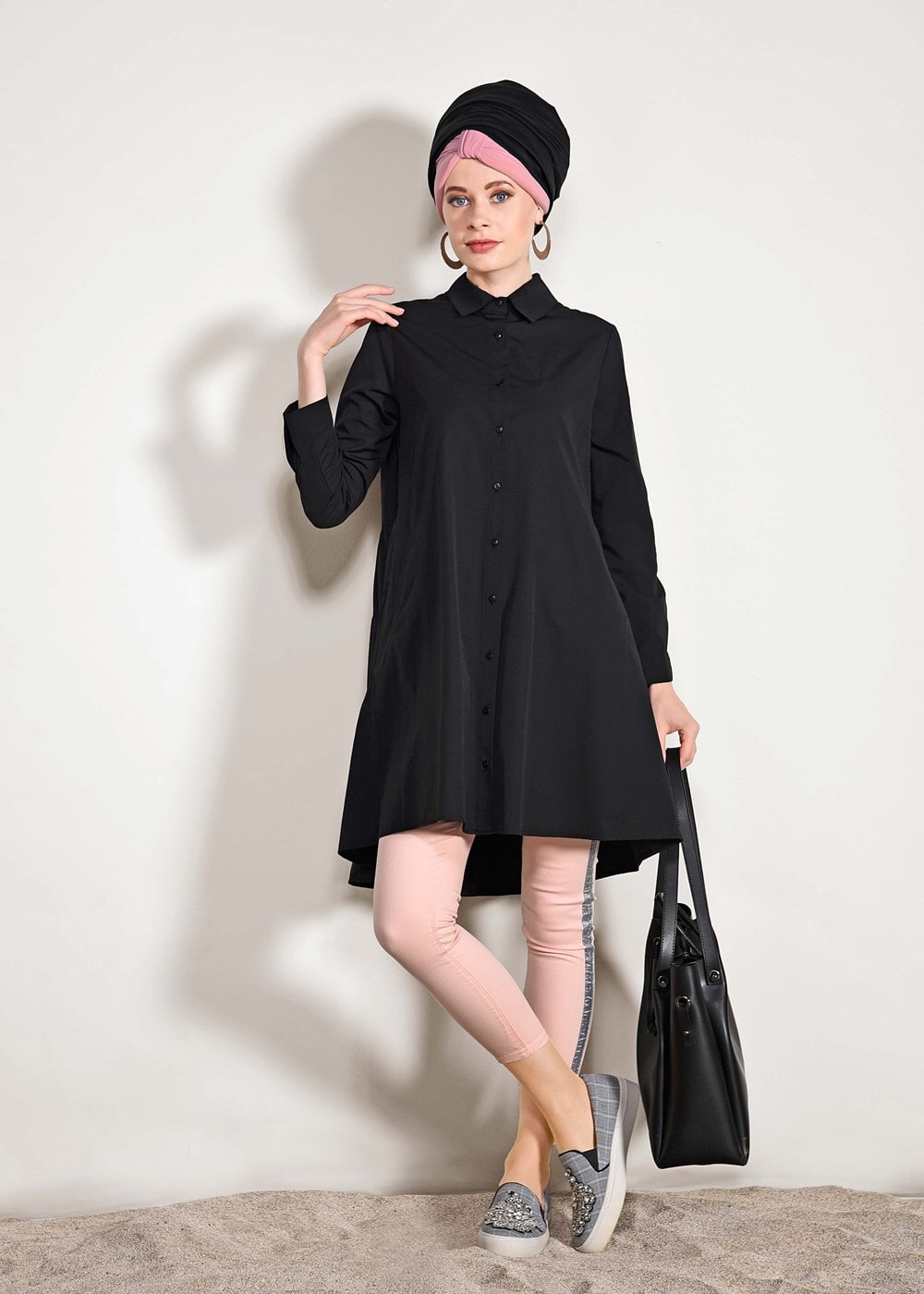Hijab clothing BLACK Pocket Detailed Straight Collar Tunic 61016