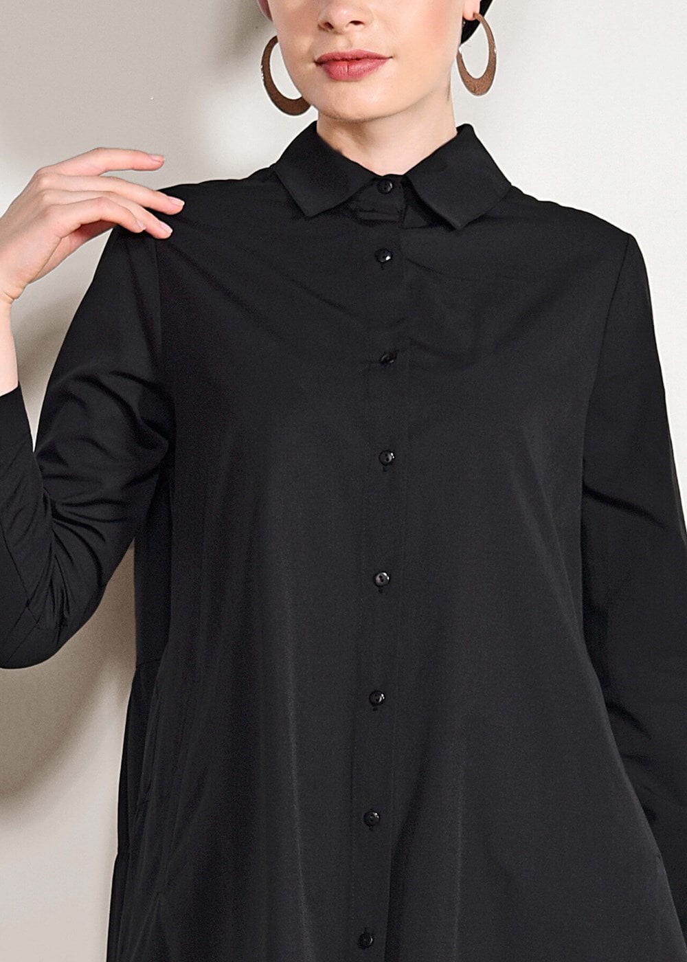 Hijab clothing BLACK Pocket Detailed Straight Collar Tunic 61016