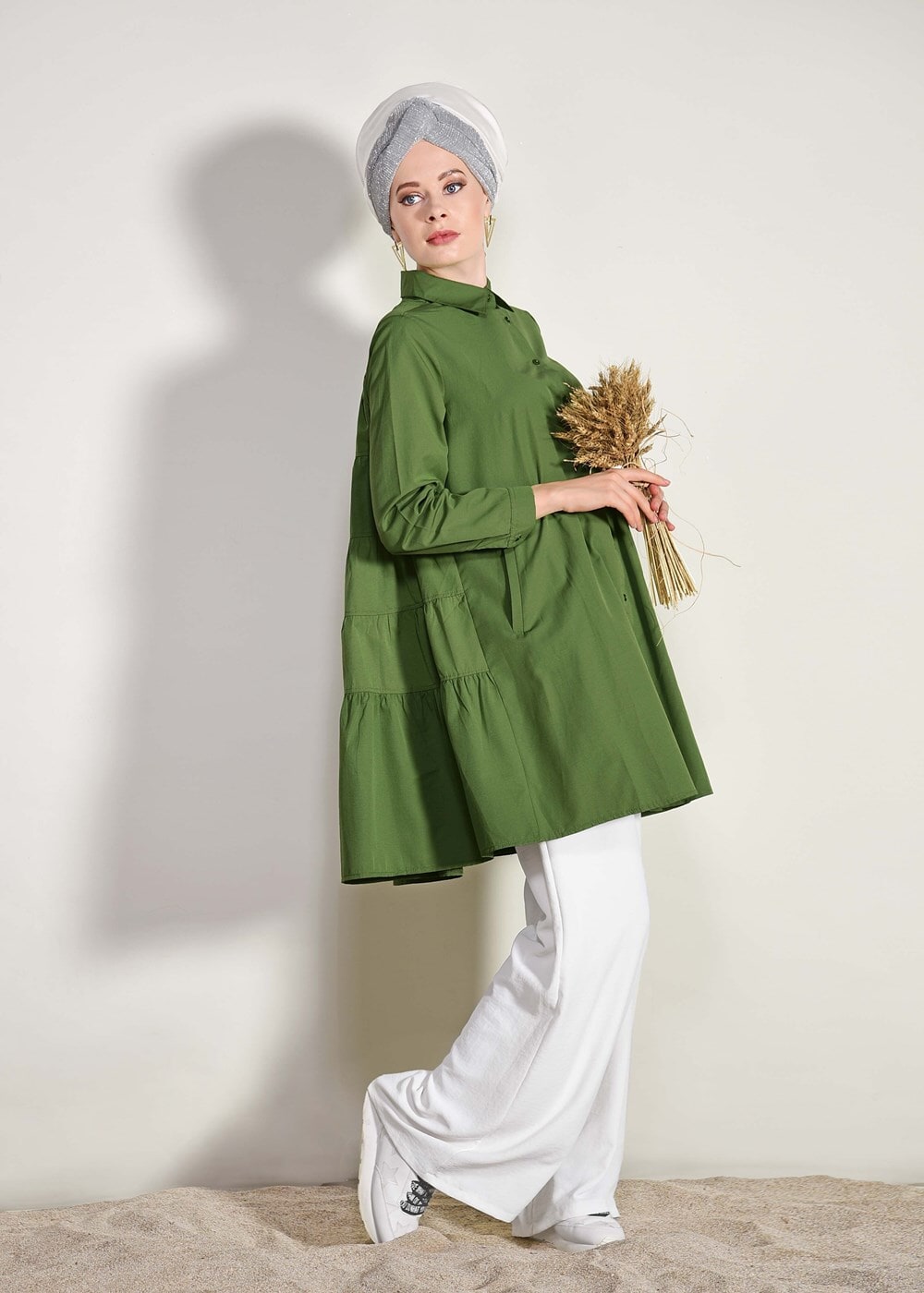 Tesettür giyim YEŞİL CEP DETAYLI ERKEK YAKA TUNİK 61016