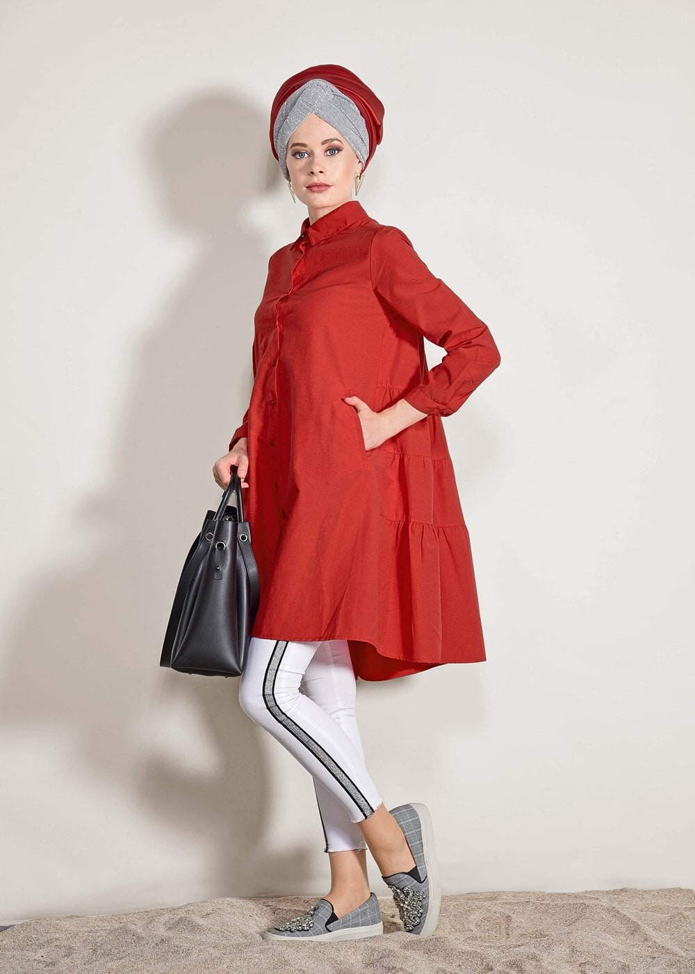 Hijab clothing RED Pocket Detailed Straight Collar Tunic 61016