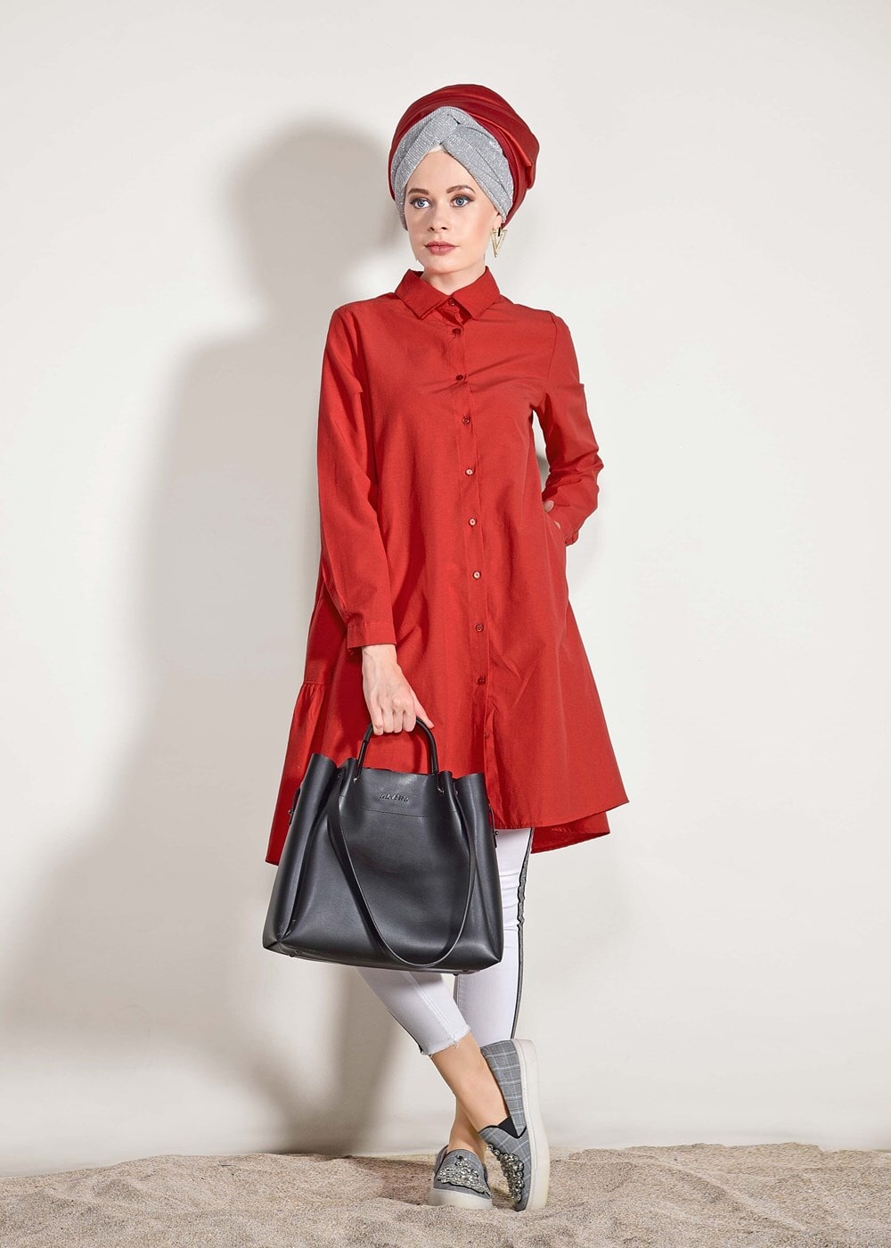 Hijab clothing RED Pocket Detailed Straight Collar Tunic 61016