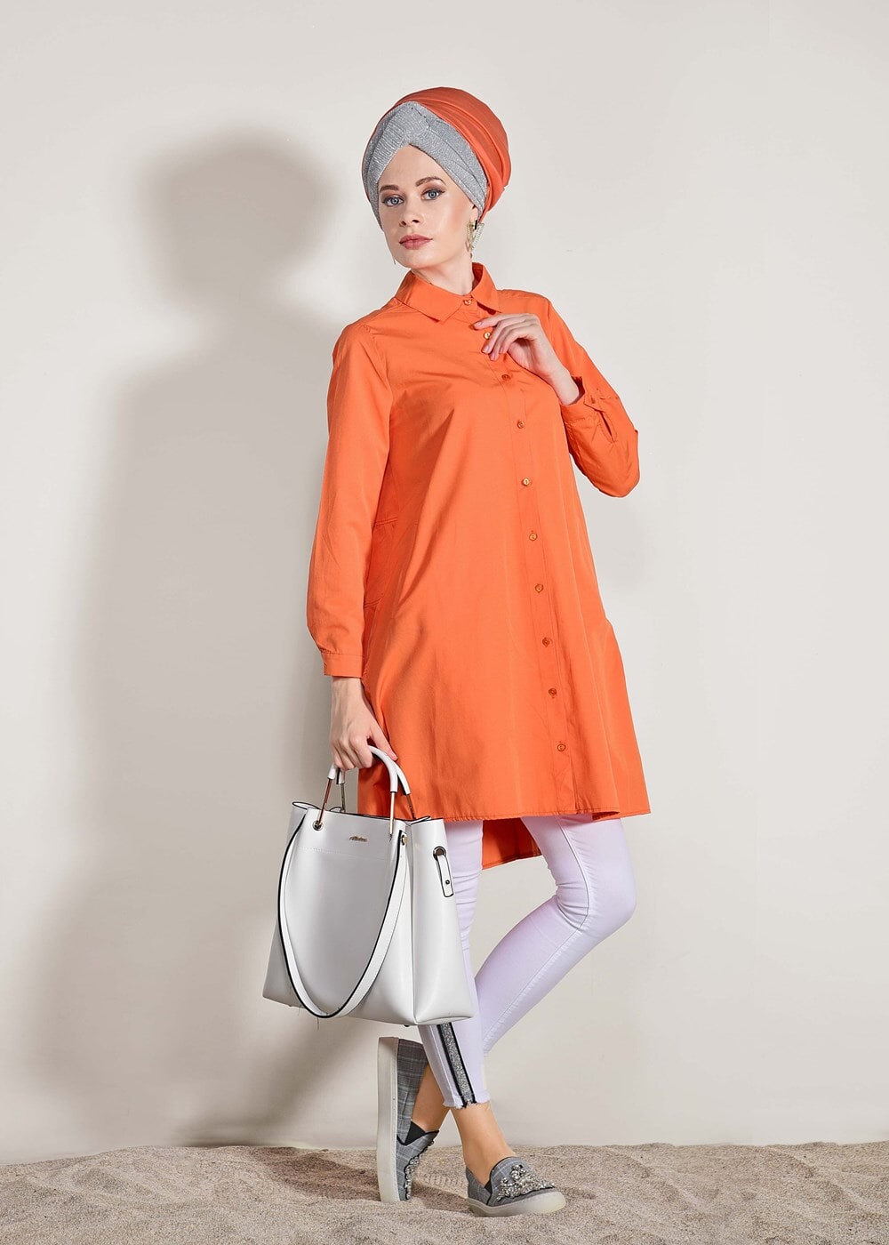 Hijab clothing ORANGE Pocket Detailed Straight Collar Tunic 61016