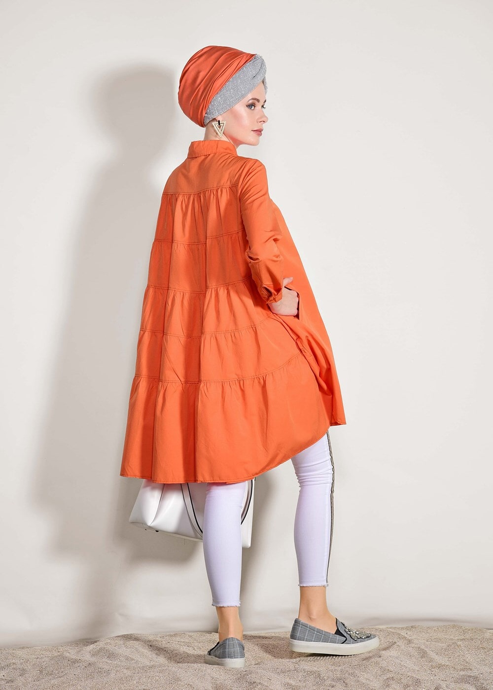 Hijab clothing ORANGE Pocket Detailed Straight Collar Tunic 61016