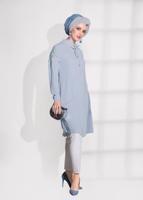 Tesettür giyim MAVİ T 61781 Elegance- Kol Kısmı Güpür Detaylı Tunik