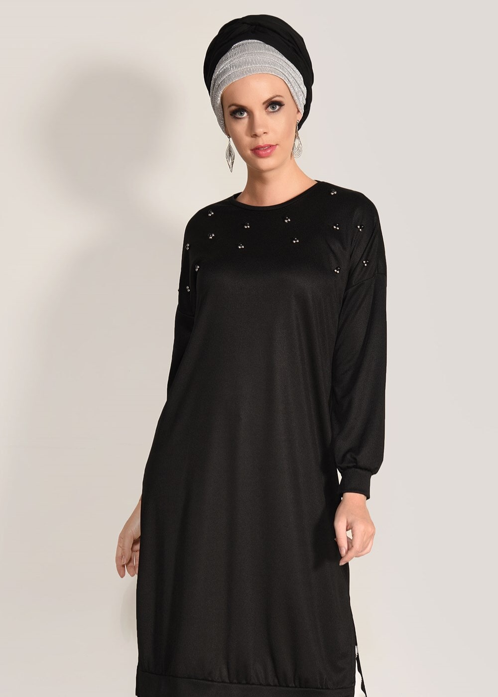 Tesettür giyim SİYAH T 67071 İkoll-Çakmalı Tunik