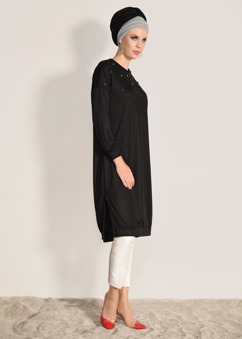 Tesettür giyim SİYAH T 67071 İkoll-Çakmalı Tunik