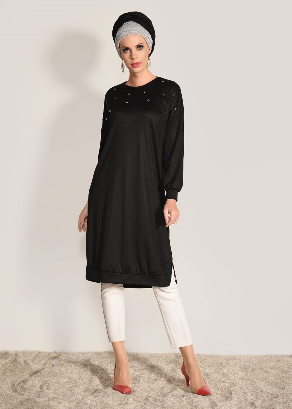 Tesettür giyim SİYAH T 67071 İkoll-Çakmalı Tunik