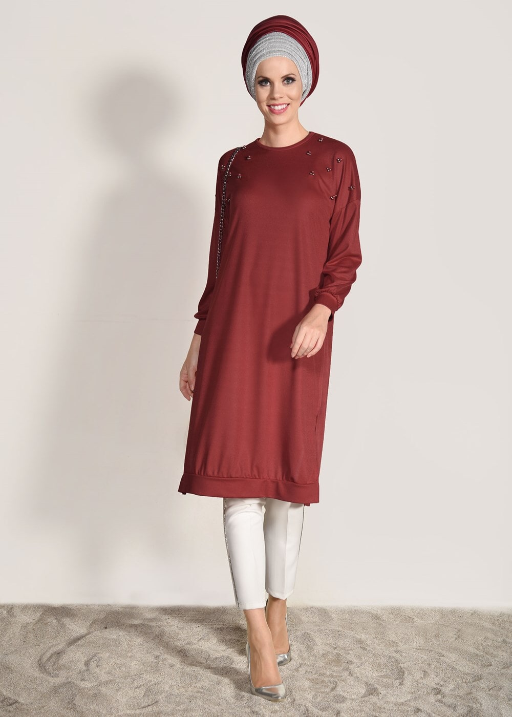 Tesettür giyim KIRMIZI T 67071 İkoll-Çakmalı Tunik