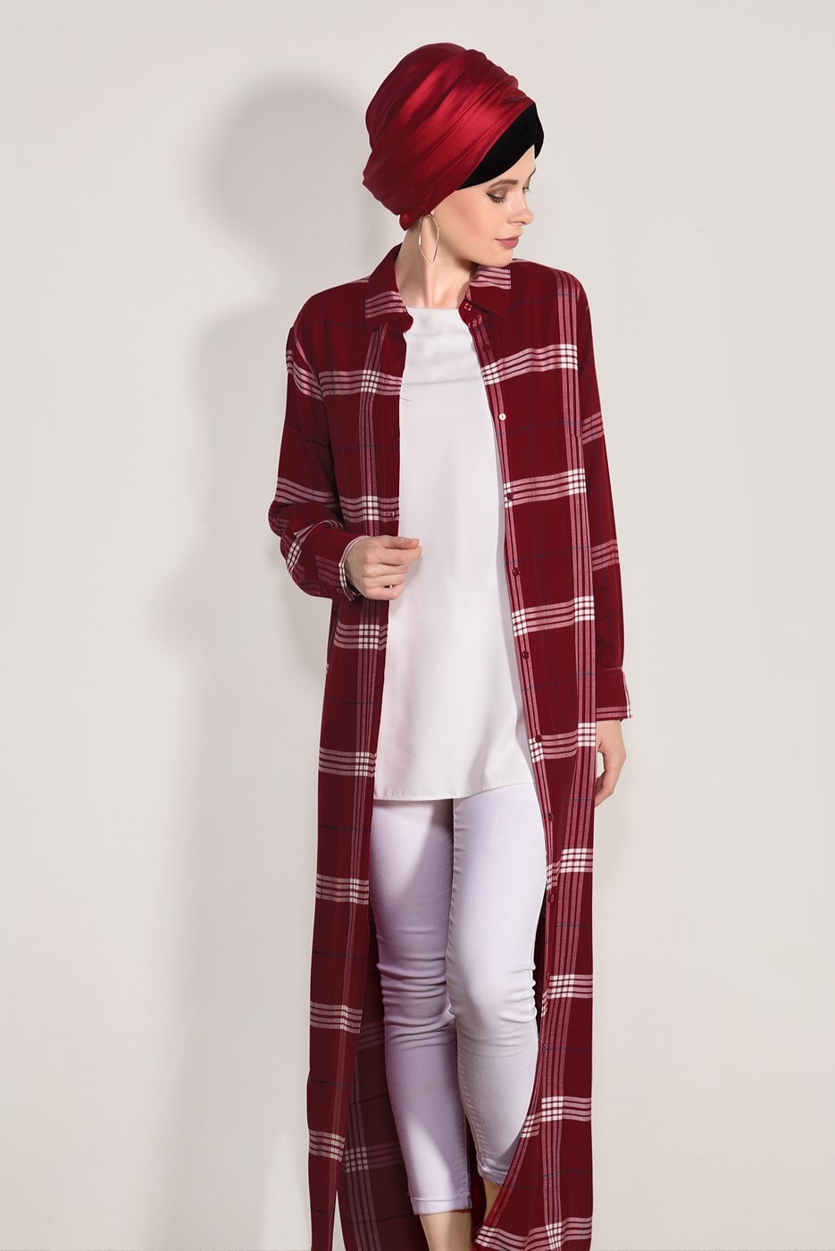 Hijab clothing CLARET RED CHECKED LONG TUNIC 69012 
