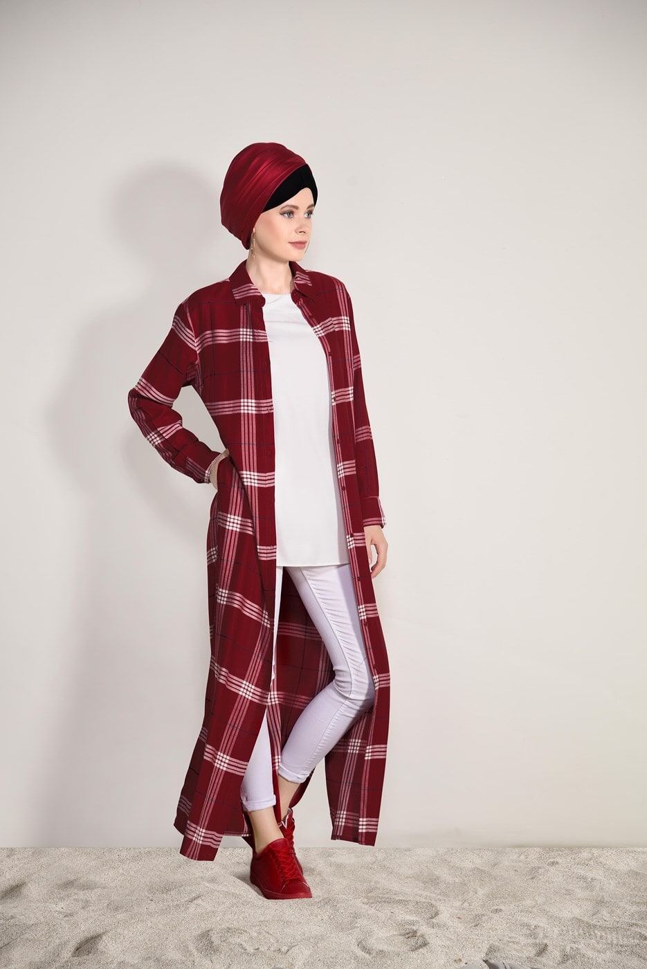 Hijab clothing CLARET RED CHECKED LONG TUNIC 69012 