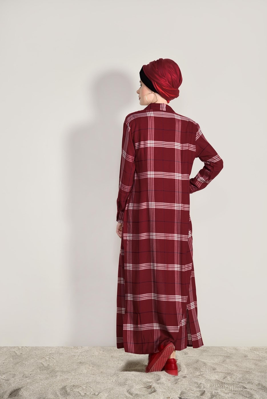 Hijab clothing CLARET RED CHECKED LONG TUNIC 69012 