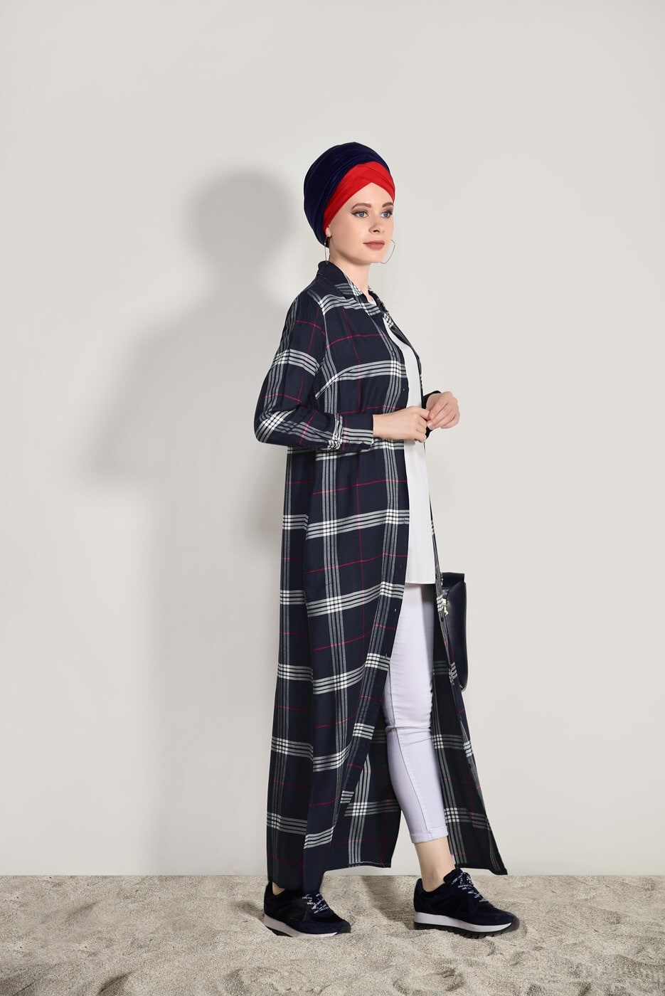 Hijab clothing NAVY BLUE CHECKED LONG TUNIC 69012 
