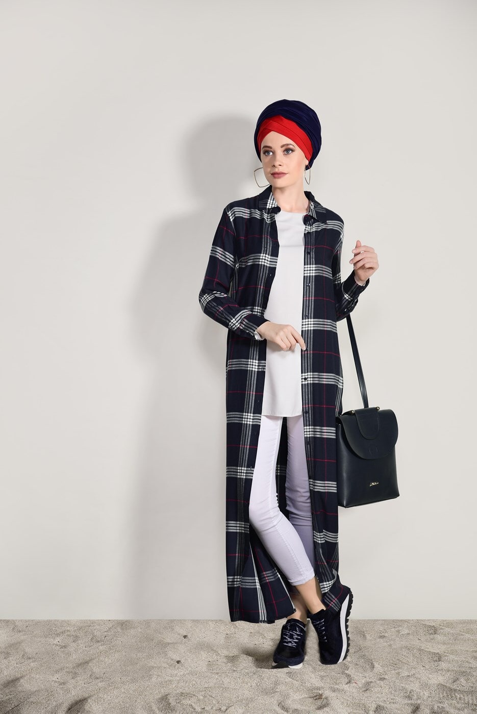 Hijab clothing NAVY BLUE CHECKED LONG TUNIC 69012 