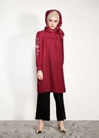 Tesettür giyim KIRMIZI MANŞETLERİ BAĞCIKLI TUNİK 84461 