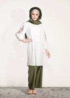 Tesettür giyim EKRU MANŞETLERİ BAĞCIKLI TUNİK 84461 