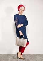 Tesettür giyim LACİVERT MANŞETLERİ BAĞCIKLI TUNİK 84461 