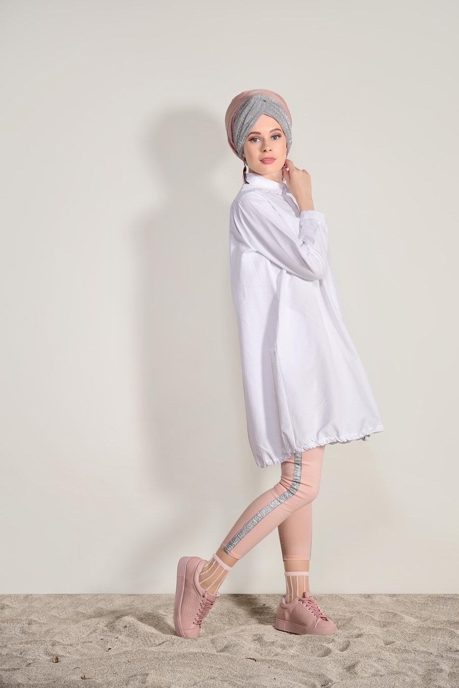 Tesettür giyim BEYAZ T 88012  H Fashion-Lastikli Tunik