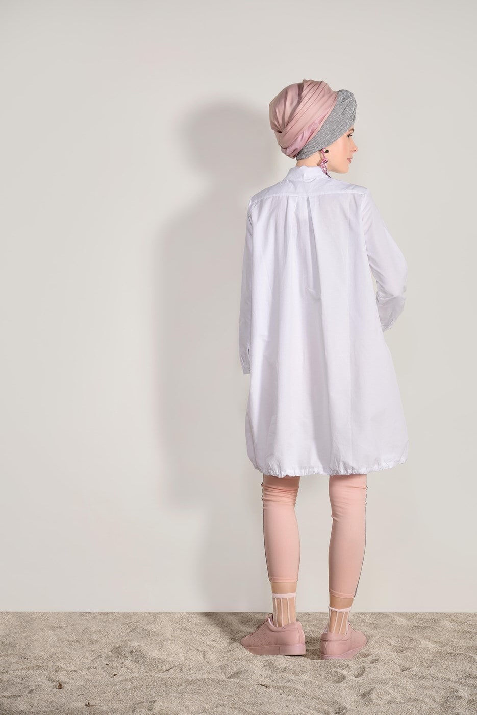 Tesettür giyim BEYAZ T 88012  H Fashion-Lastikli Tunik