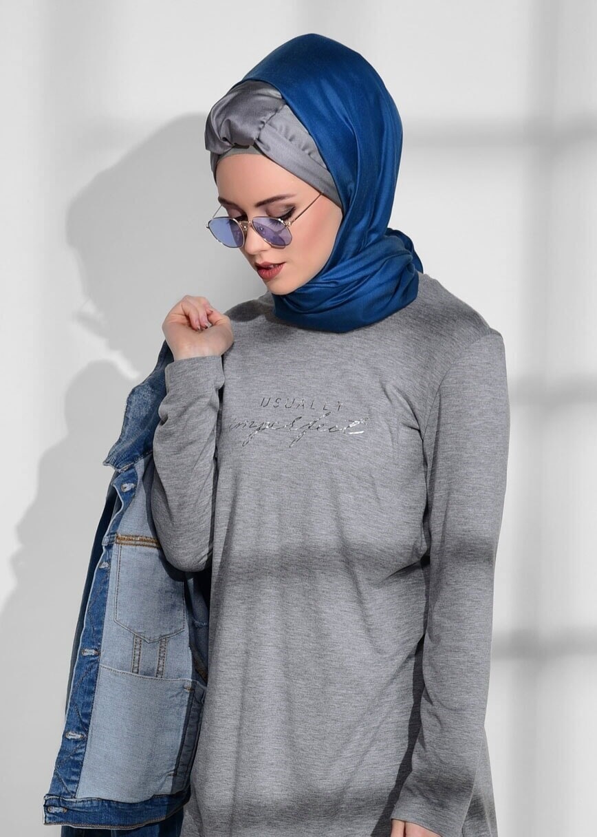Tesettür giyim GRİ T 94515 Allday- Baskı detaylı Penye Tunik