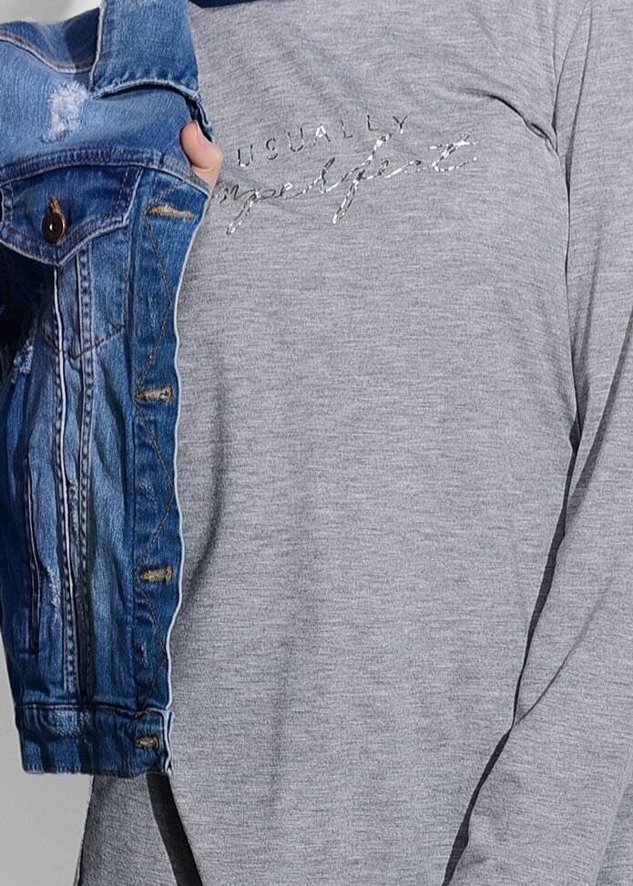 Tesettür giyim GRİ T 94515 Allday- Baskı detaylı Penye Tunik