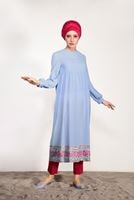 Tesettür giyim MAVİ T 95171 İkoll- Nakış Detaylı Uzun Tunik