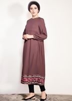 Tesettür giyim PEMBE T 95171 İkoll- Nakış Detaylı Uzun Tunik