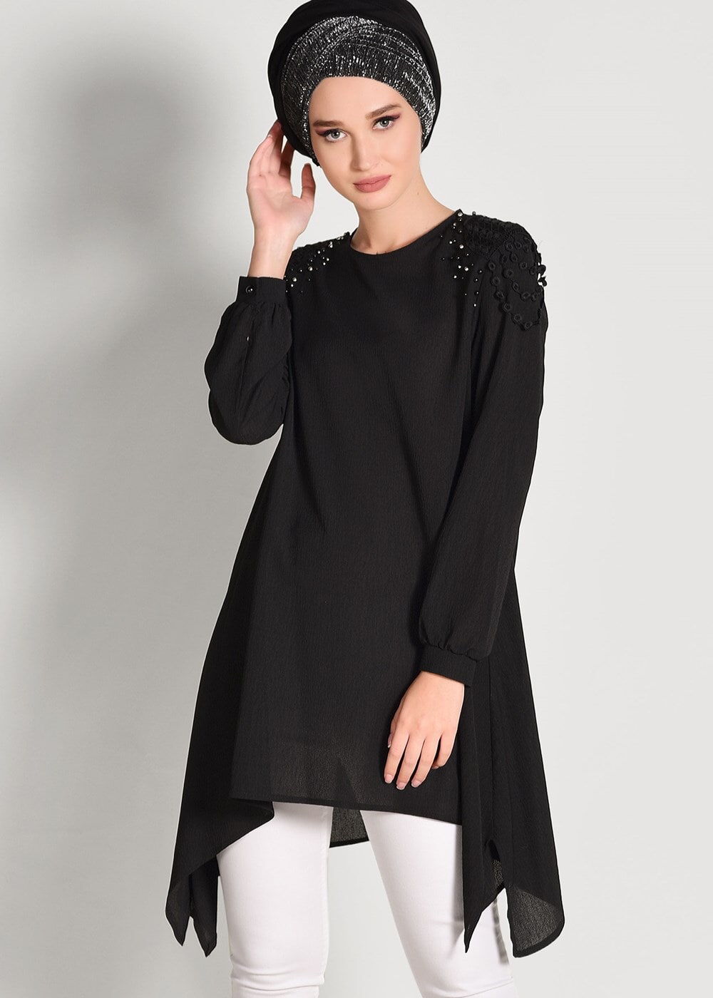 Tesettür giyim SİYAH ASİMETRİK KESİM TUNİK 95671