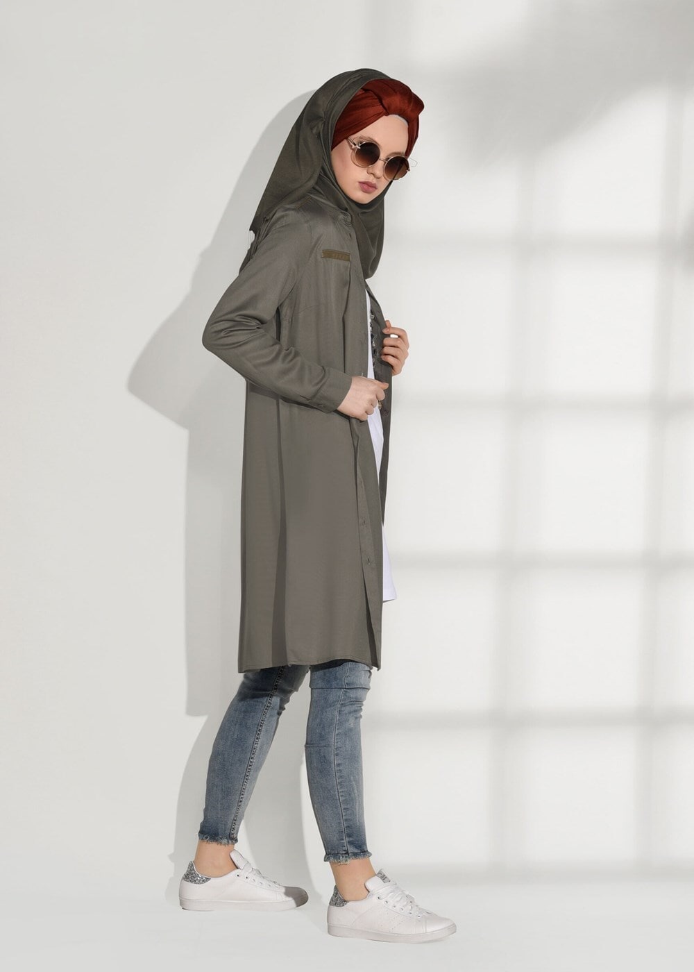 Tesettür giyim HAKİ DÜĞMELİ DERİ BİYELİ TUNİK 98315 