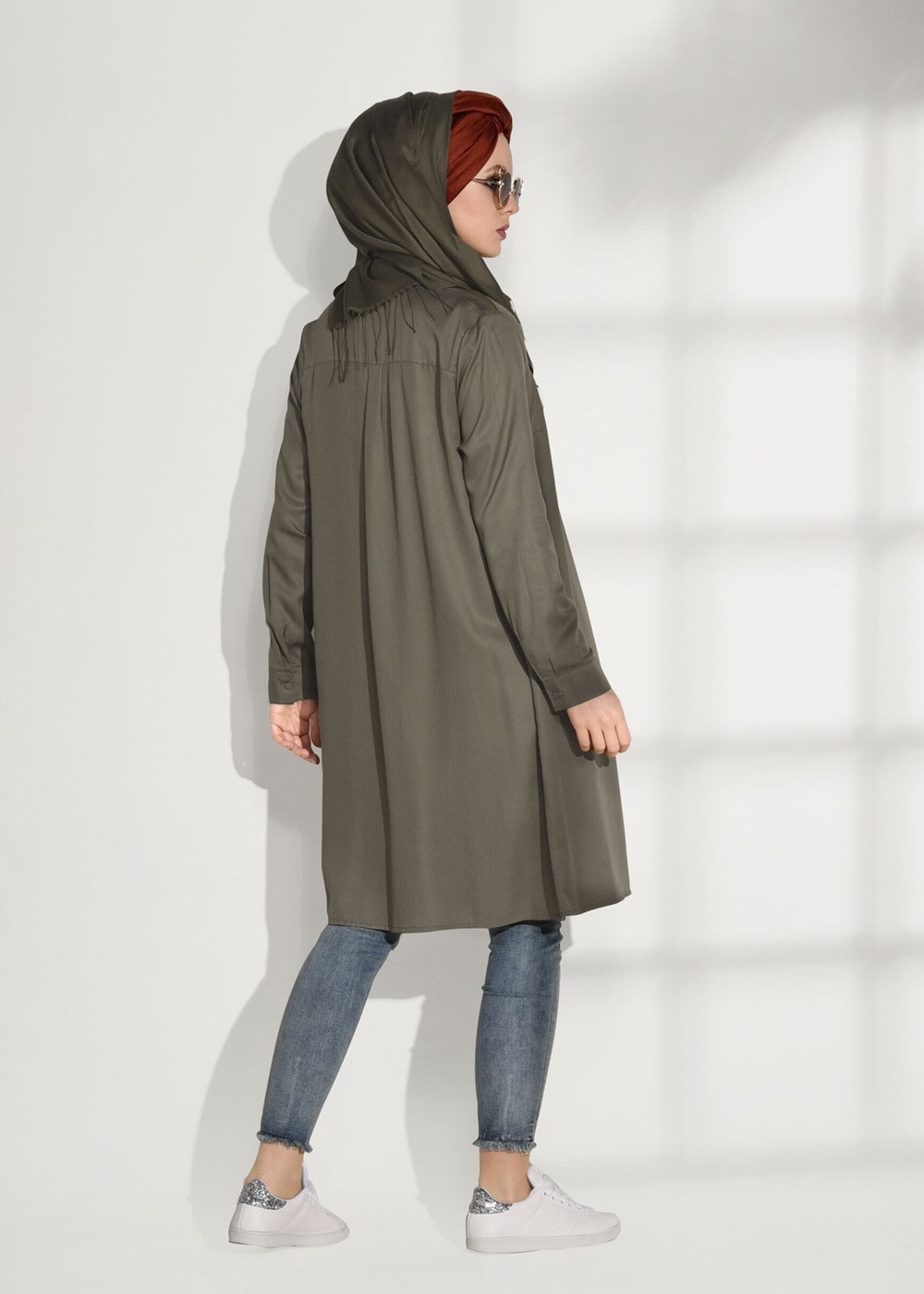 Tesettür giyim HAKİ DÜĞMELİ DERİ BİYELİ TUNİK 98315 