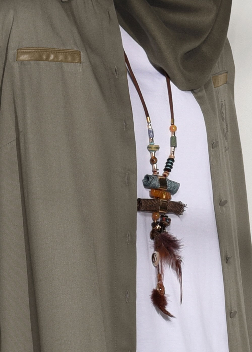 Tesettür giyim HAKİ DÜĞMELİ DERİ BİYELİ TUNİK 98315 